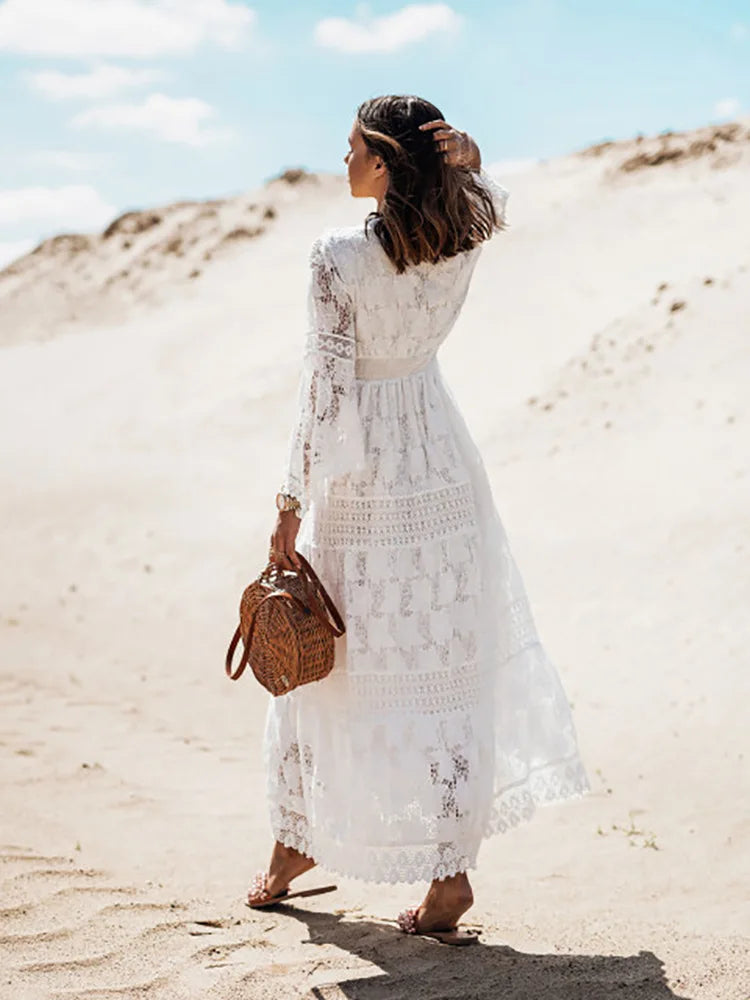 Lace Hollow-Out Boho Maxi Dress | Flare Sleeve Tassel Trim