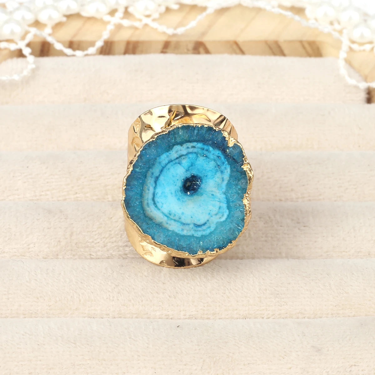 Boho Natural Agate Stone Sunflower Wide Open Ring – Gold Plated Adjustable in 6 Colors