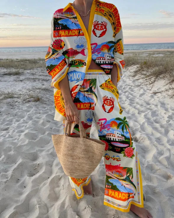 Boho Print Shirt & Pants Set | Loose Long Sleeve Button-Up Co-ord