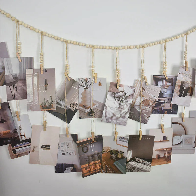 Boho Macrame Photo Display Wall Hanging – Wooden Bead Tapestry
