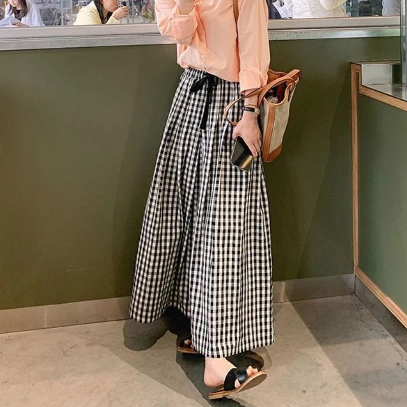 Plaid Wide Leg Pants Women Baggy Korean Style Panelled Temper Trousers Streetwear Pantalones Clothes Summer A-line Teens College