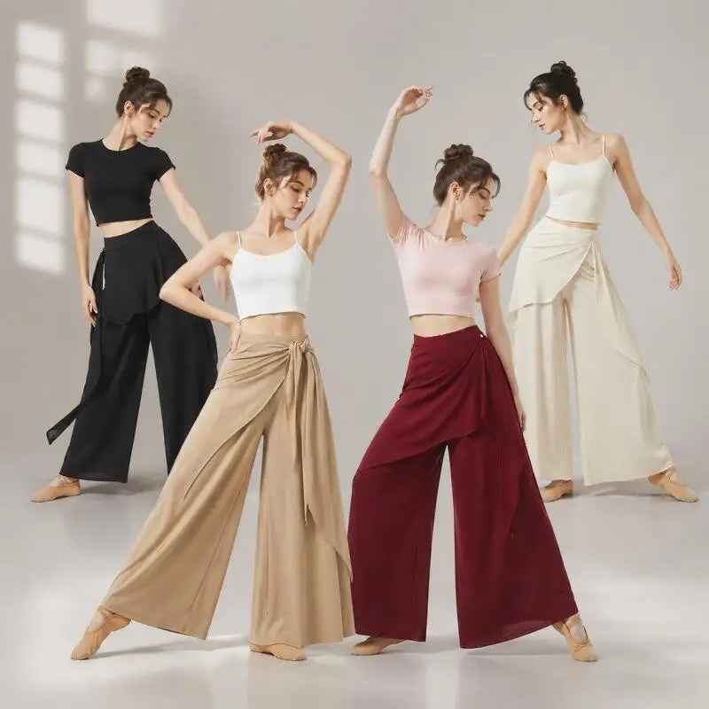 Loose Wrap Waist Wide Leg Dance Pants High Waist Flowy Yoga Trousers For Women Solid Color Palazzo Pants For Ballet Practice