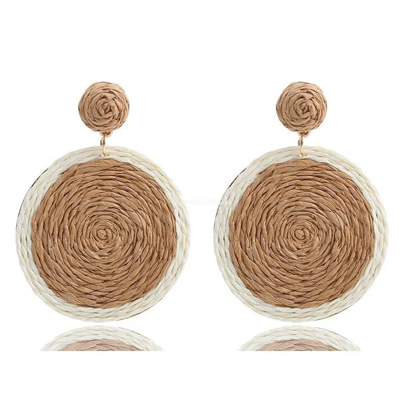 Boho Rattan Wicker Hoop Earrings – Straw Round Dangle Drop Earrings for Women