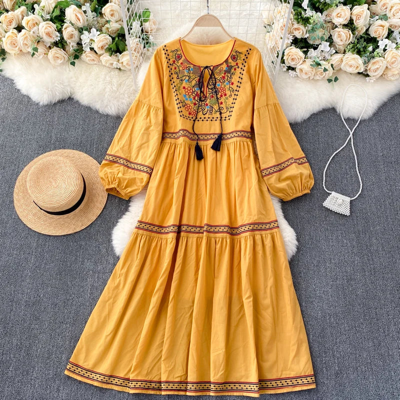 Embroidered Lantern Sleeve Boho Midi Dress | Lace-Up A-Line