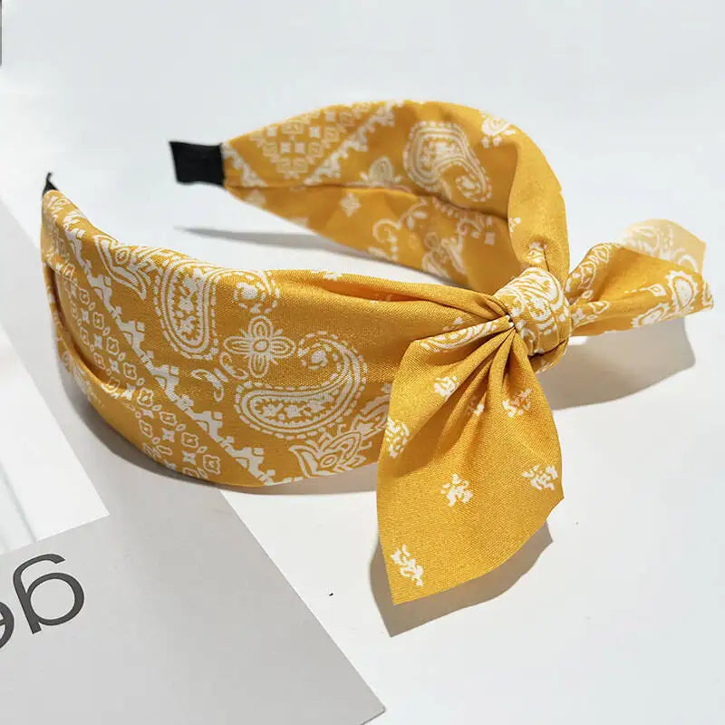 Boho Bow Print Wide Headband – Vintage Silk Cross-Knot Hair Hoop