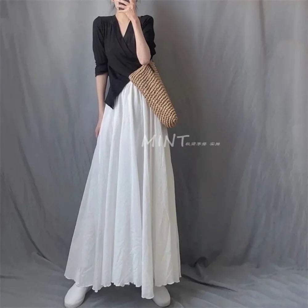 Boho Cotton Linen Maxi Skirt | Elastic Waist Pleated Floor-Length Skirt