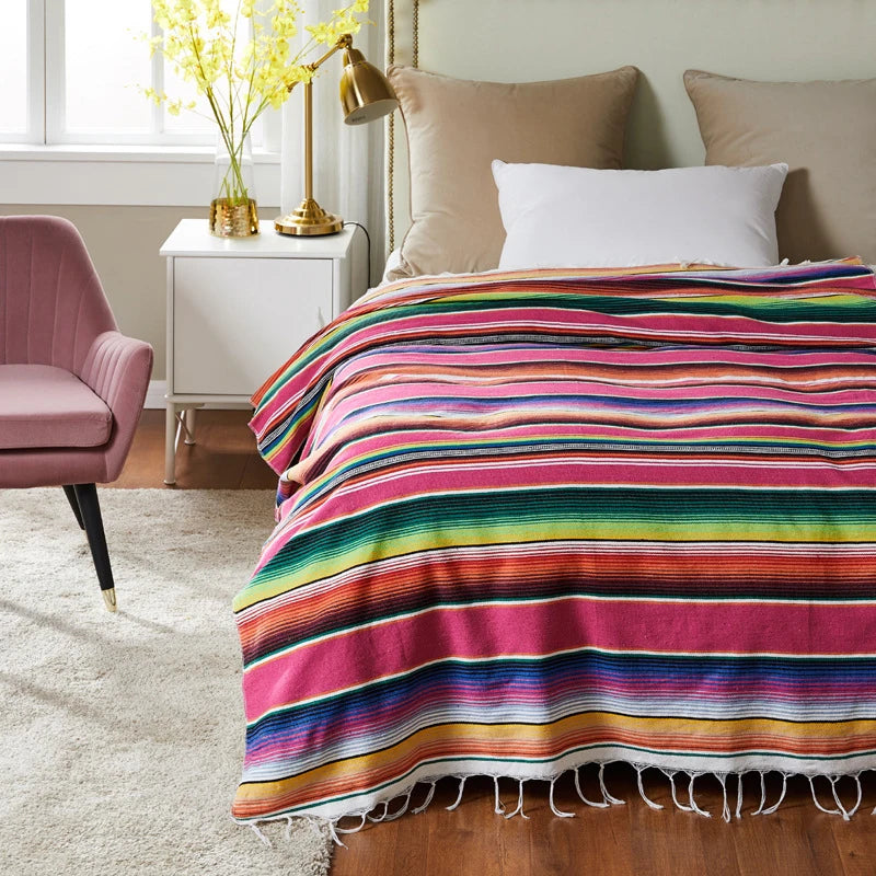 Boho Ethnic Tassel Throw Blanket | Striped Cotton-Blend Beach & Picnic Blanket