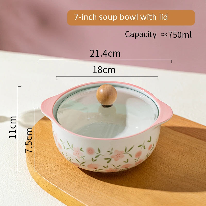 Korean Ceramic Bowl with Lid | Floral Glazed Rice & Soup Bowl