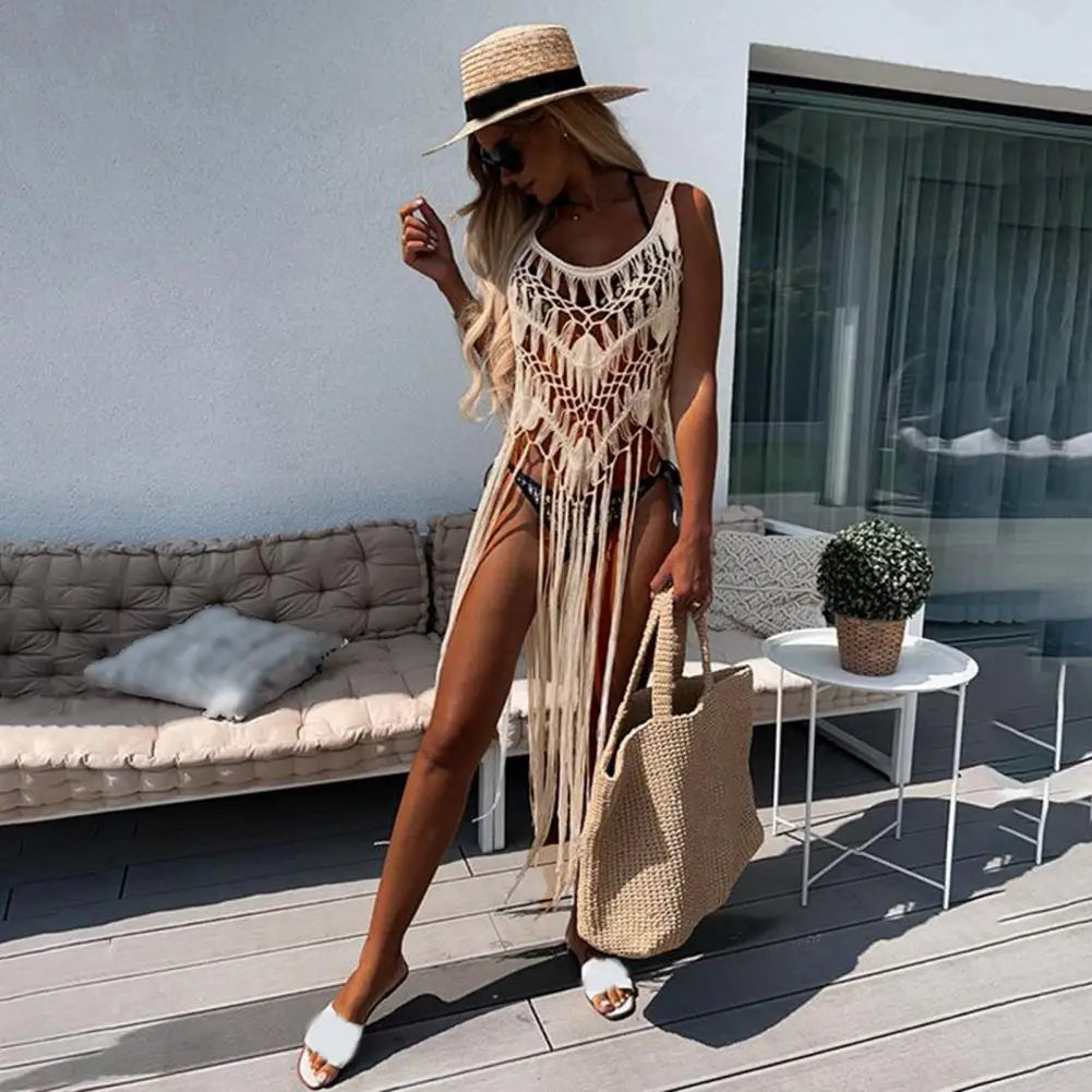 Boho Crochet Tassel Sling Dress – Sexy Hollow Fringe Beach Cover Up