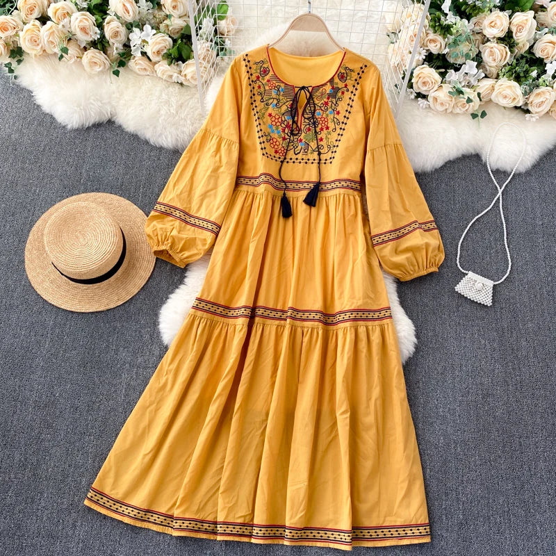 Embroidered Lantern Sleeve Boho Midi Dress | Lace-Up A-Line