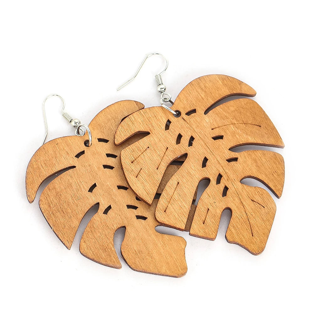 Boho Handmade Geometric Wooden Dangle Earrings – Ethnic Carved Flower & Butterfly