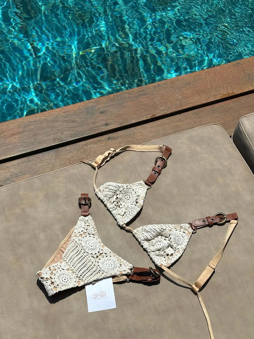 Boho Crochet Bikini Set | Cream Knit with Leather Straps & Metal Buckles