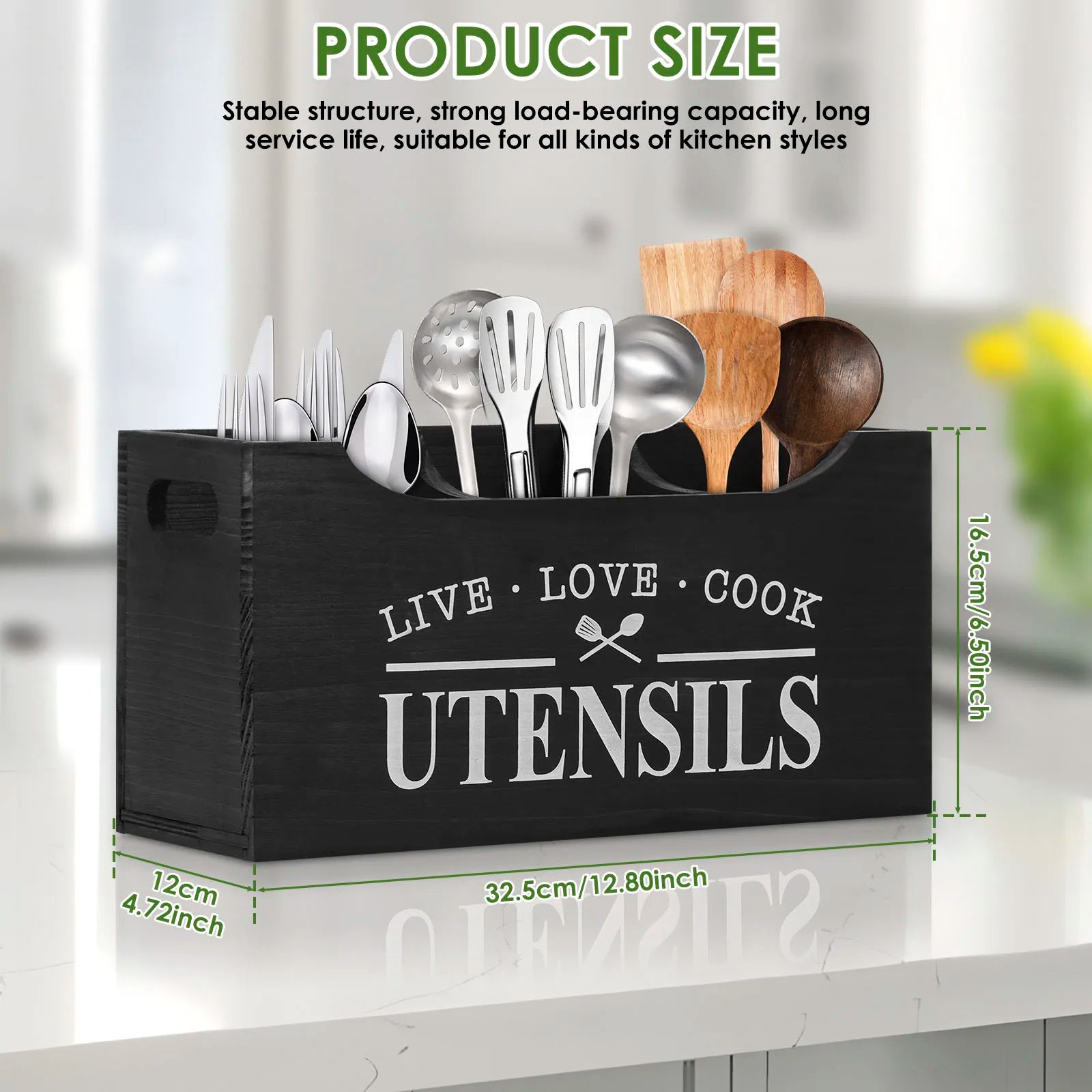 Wood Kitchen Utensil Holder | 3-Compartment Farmhouse Caddy Organizer