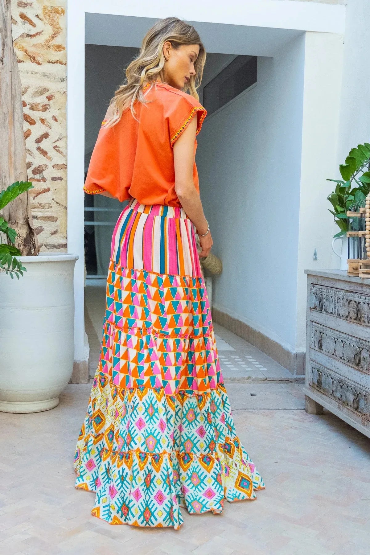Boho Print A-Line Maxi Skirt | Elastic Waist Ruffle Hem Beach Skirt