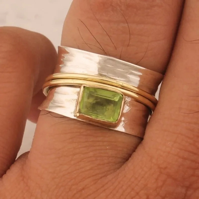 Boho Two-Tone Rectangular Green Cubic Zirconia Ring – Luxury Elegant Statement Ring