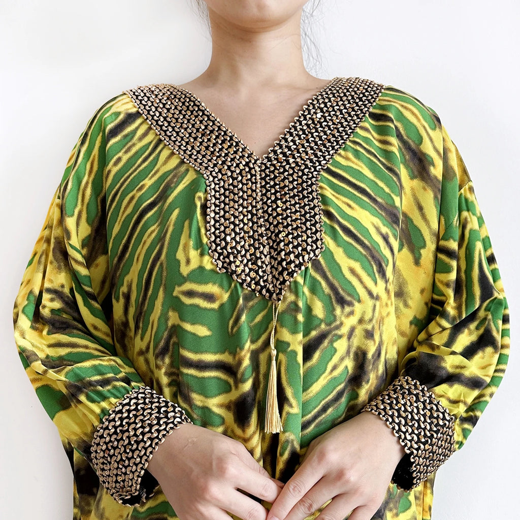 Embroidered Cotton Abaya Maxi Dress | Boho Long Sleeve V-Neck