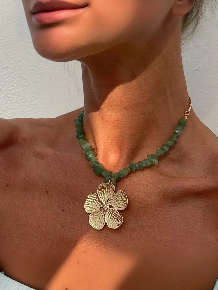 Boho Irregular Natural Stone & Metal Flower Clavicle Chain Necklace