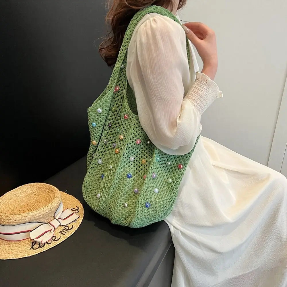 Boho Crochet Beach Tote Bag | Large Hollow Knit Bag with Colored Bead Detail