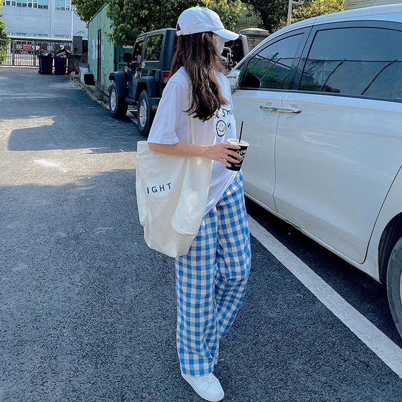 Pants Women Plaid High Waist Hot Sale Summer Loose Korean Style Wide Leg Pockets All-match Stylish New Arrivals Popular Female