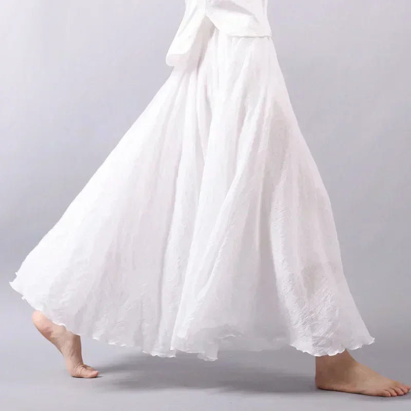 Boho Cotton Linen Maxi Skirt | Elastic Waist Pleated Floor-Length Skirt