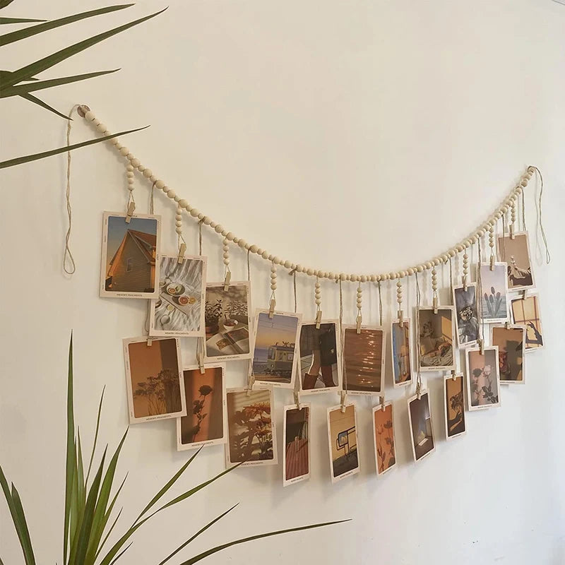Boho Macrame Photo Display Wall Hanging – Wooden Bead Tapestry