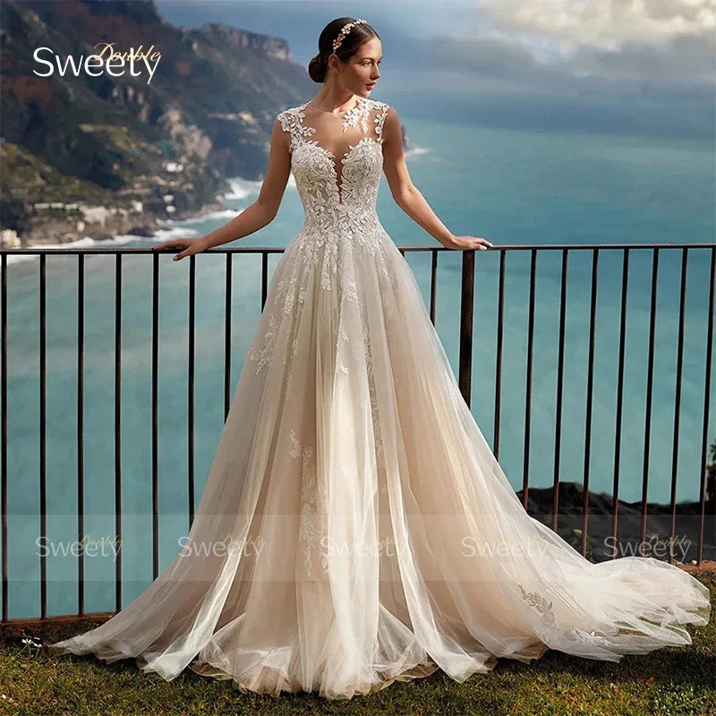 Boho A-Line Wedding Dress – Organza & Embroidery Lace, Sleeveless Bridal Gown