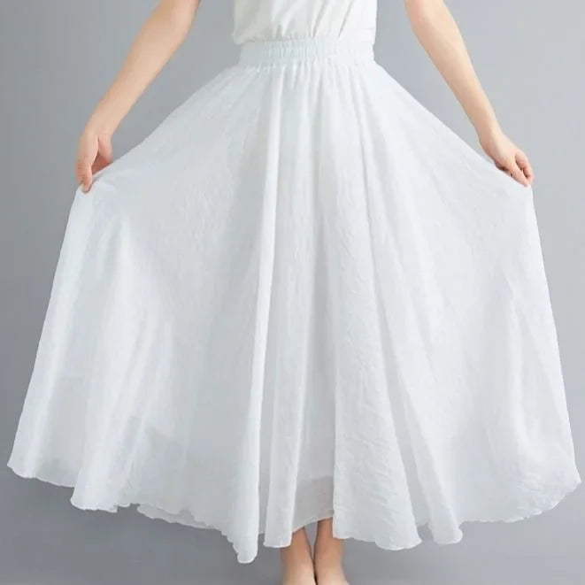 Boho Cotton Linen Maxi Skirt | Elastic Waist Pleated Floor-Length Skirt