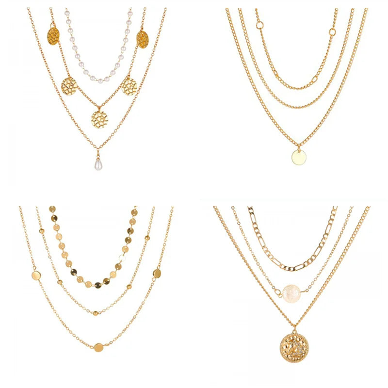 Boho Vintage Multilayer Round Pendant Necklace – Gold-Tone Geometric Jewelry