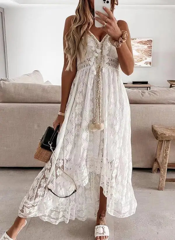 Boho Lace Embroidery Maxi Dress | Long Sleeve Beach Tunic