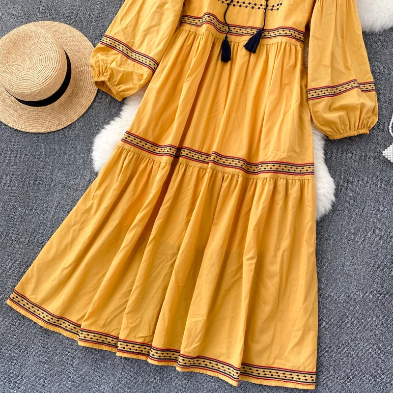 Embroidered Lantern Sleeve Boho Midi Dress | Lace-Up A-Line