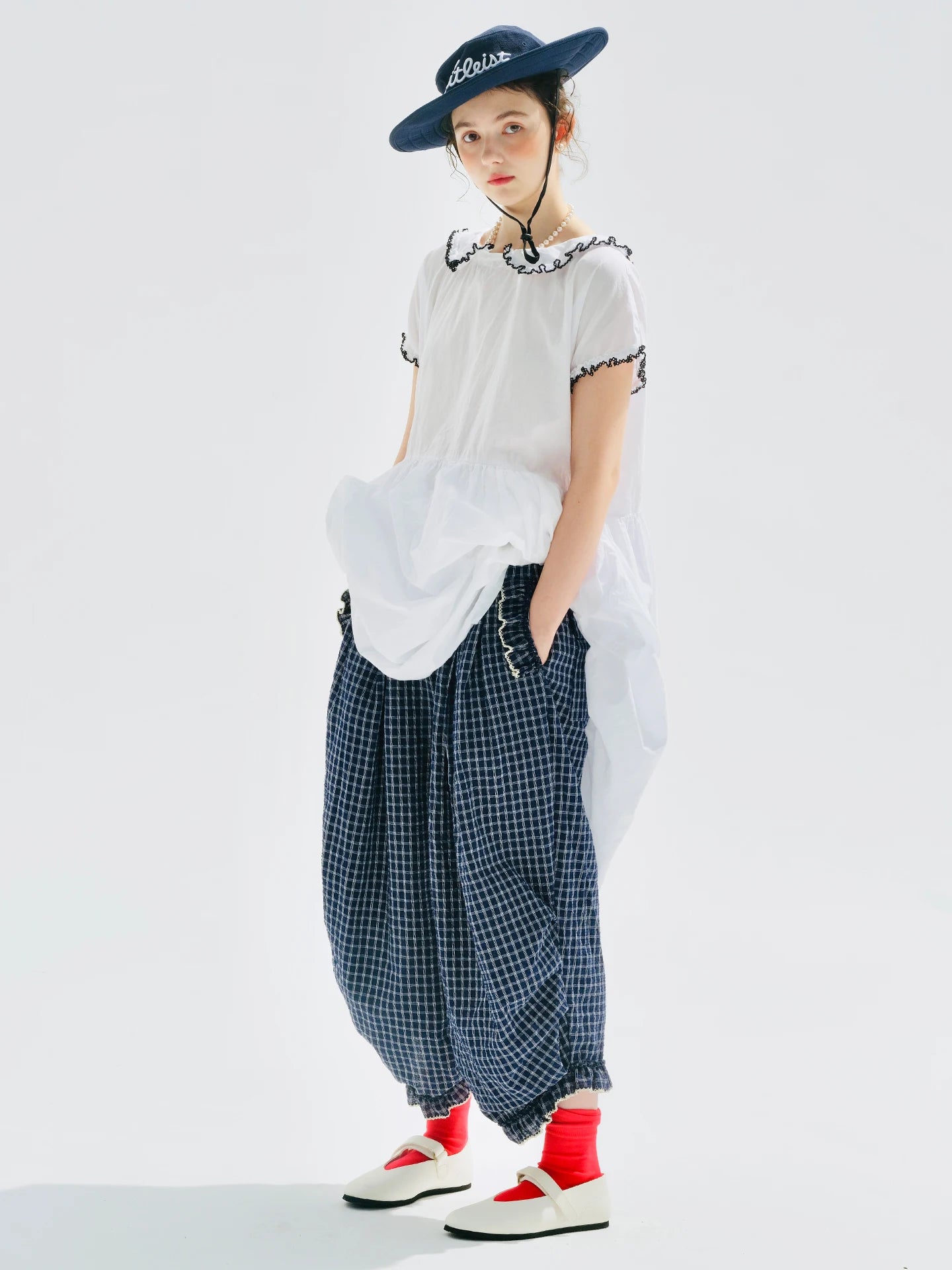 Women's Blue Plaid Wide Leg Pants – Casual Elastic Waist Trousers