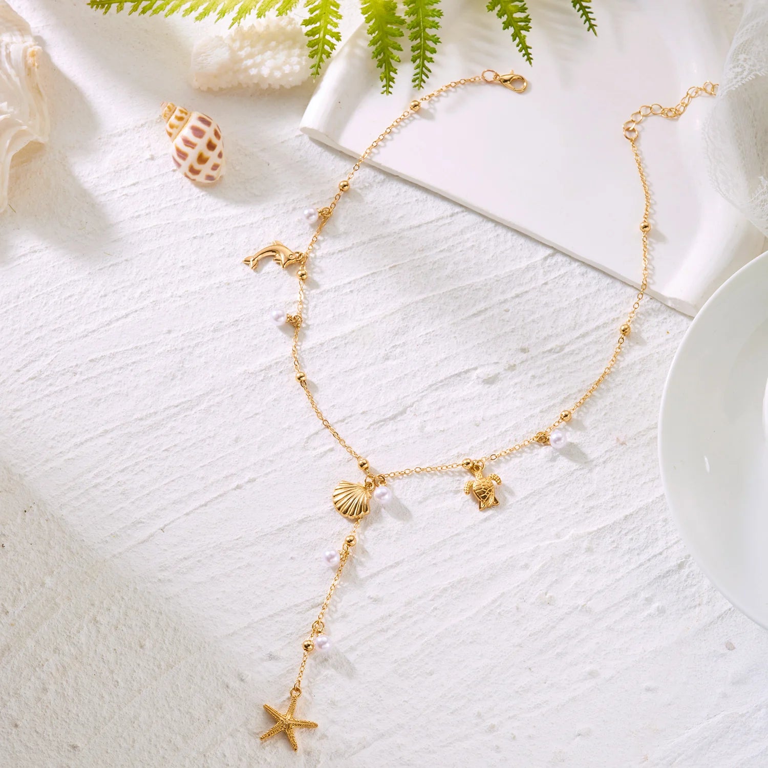 Boho Beach Y-Drop Chain Necklace – Sea Turtle, Dolphin, Starfish & Shell Pendants