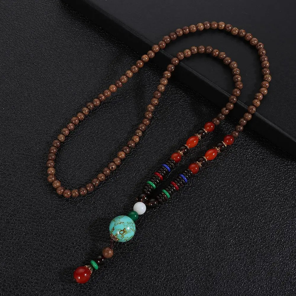Boho Handmade Nepal Buddhist Mala Wood Bead Long Pendant Necklace – Unisex Ethnic Jewelry