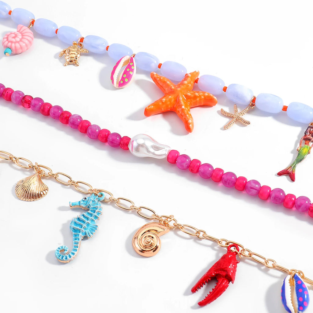 Boho Multilayer Ocean Charm Beaded Statement Necklace – Colorful Sea Animal Design