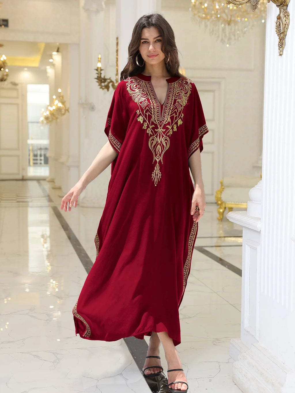 Boho Embroidered Batwing Sleeve Beach Cover-Up Dress – Loose A-Line V-Neck Summer Dress