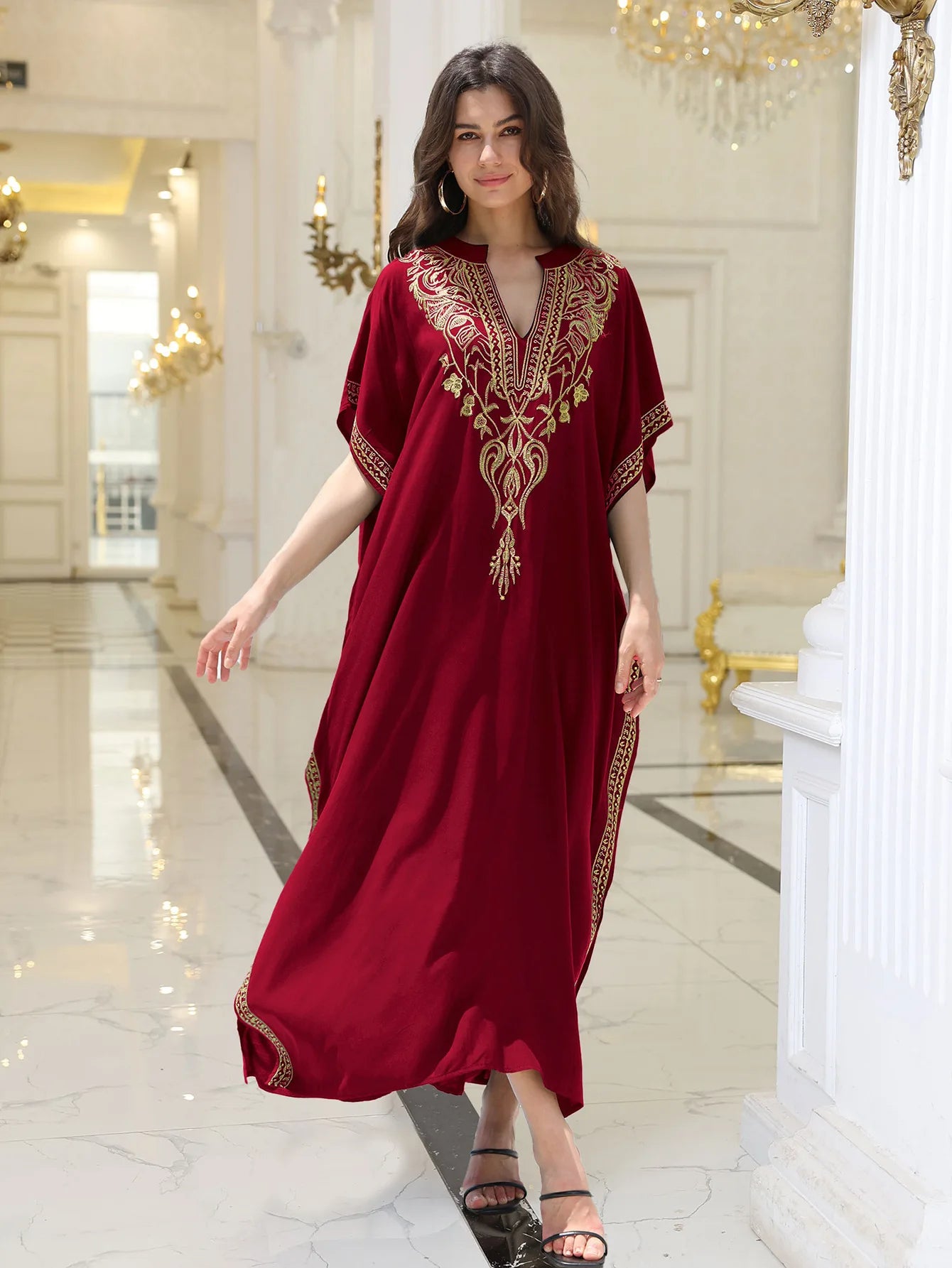 Boho Embroidered Batwing Sleeve Beach Cover-Up Dress – Loose A-Line V-Neck Summer Dress