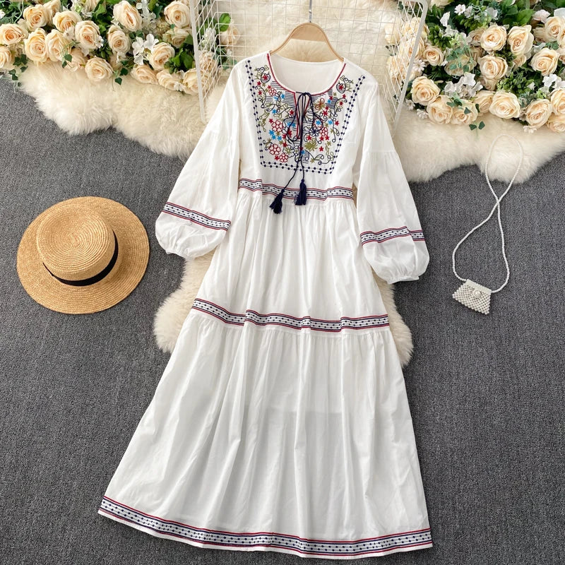 Embroidered Lantern Sleeve Boho Midi Dress | Lace-Up A-Line