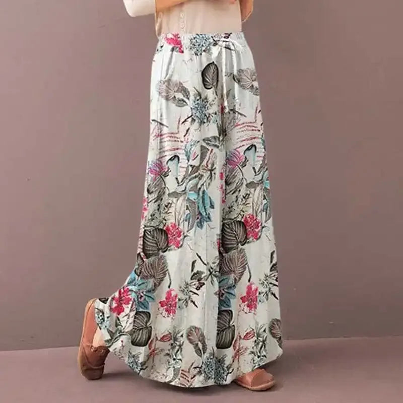 Boho Floral Wide Leg Pants Women Casual High Waist Drawstring Loose Palazzo Trousers Summer Beach Rayon Flowy Bottoms with Pocke