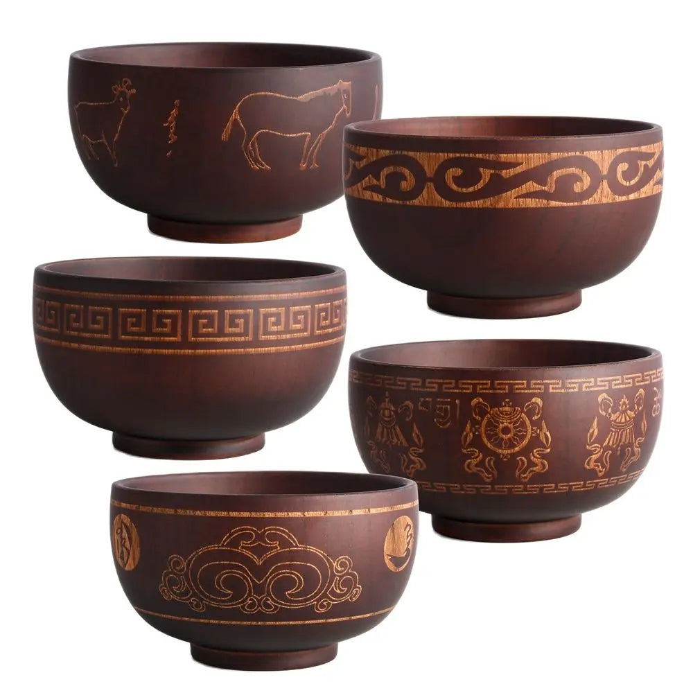 Japanese Jujube Wood Bowl with Gold Inlay | Hand-Painted Decorative Rice & Soup Bowl