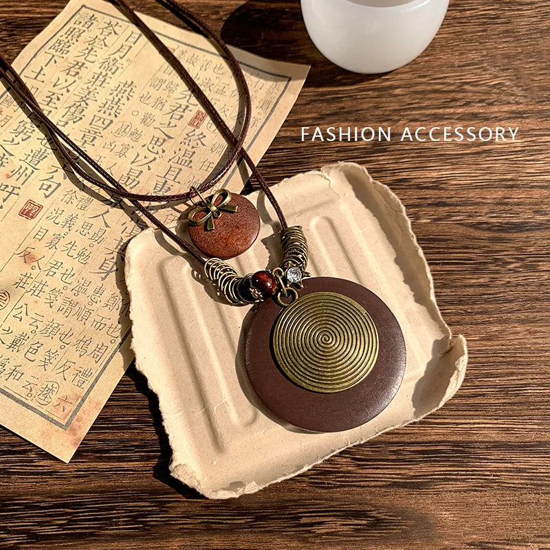 Vintage Boho Handmade Leaf Pendant Layered Long Necklace – Antique Collar Chain