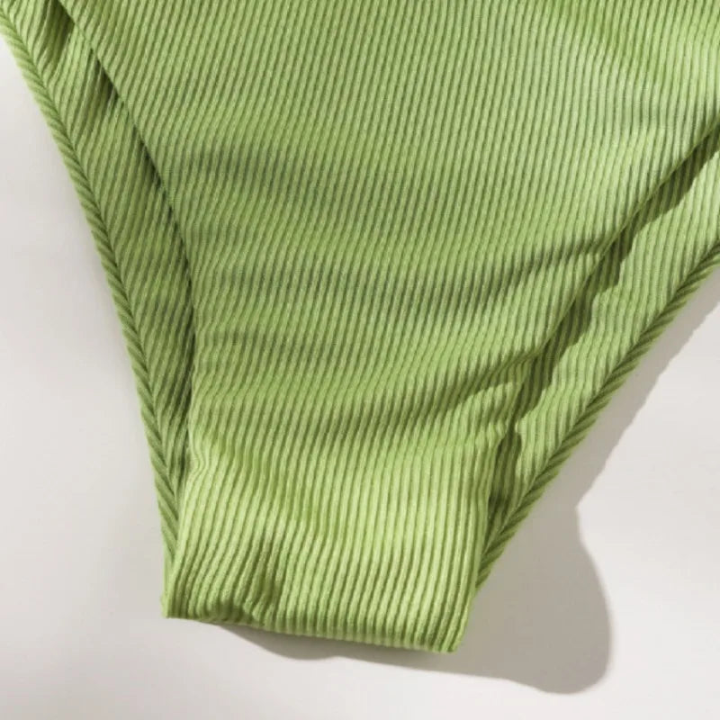 Green & Black Ribbed Bikini Set – Two-Piece Tie Thong Swimsuit