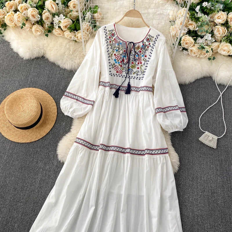 Embroidered Lantern Sleeve Boho Midi Dress | Lace-Up A-Line