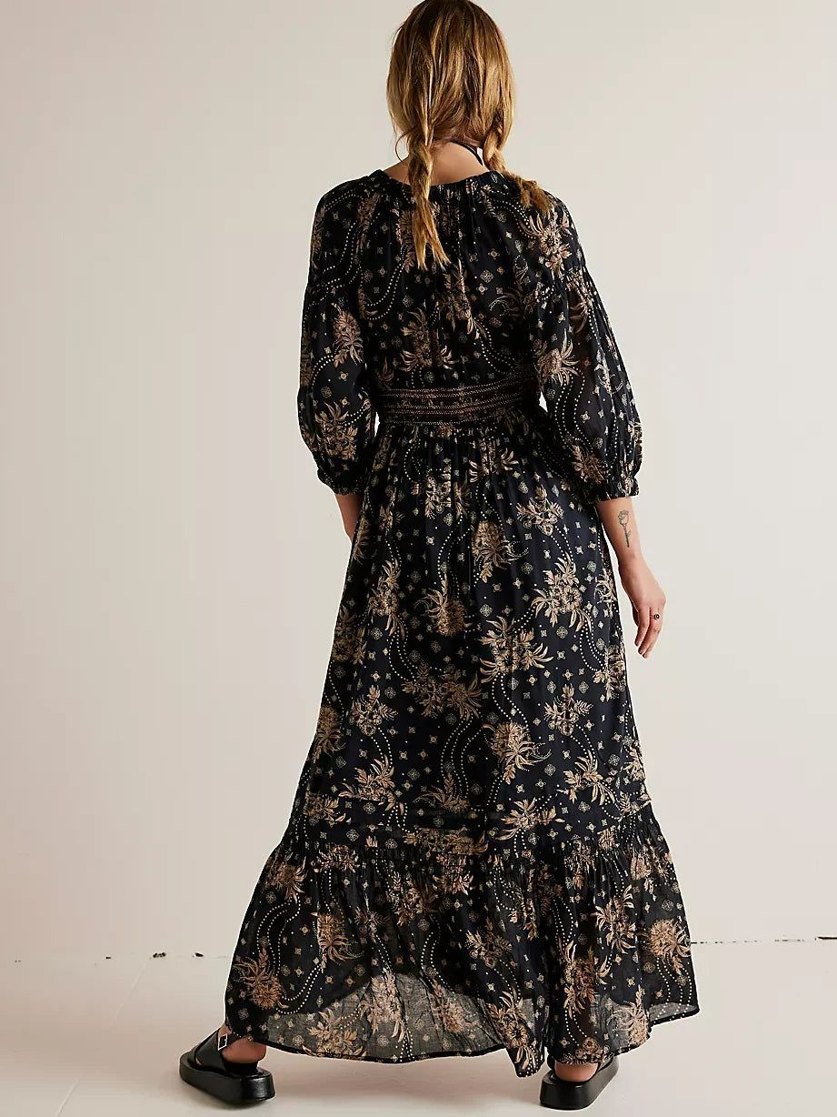 Floral Boho Midi Dress | V-Neck Puff Sleeve Hollow-Out