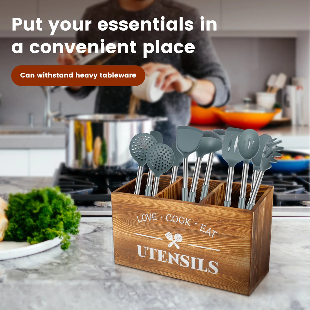 Wood Kitchen Utensil Holder | 3-Compartment Farmhouse Caddy Organizer