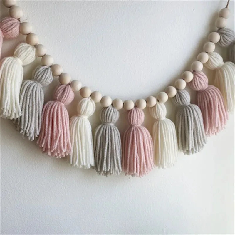 Boho Tassel & Wood Bead Garland – Wall Hanging Banner for Nursery, Party & Wedding