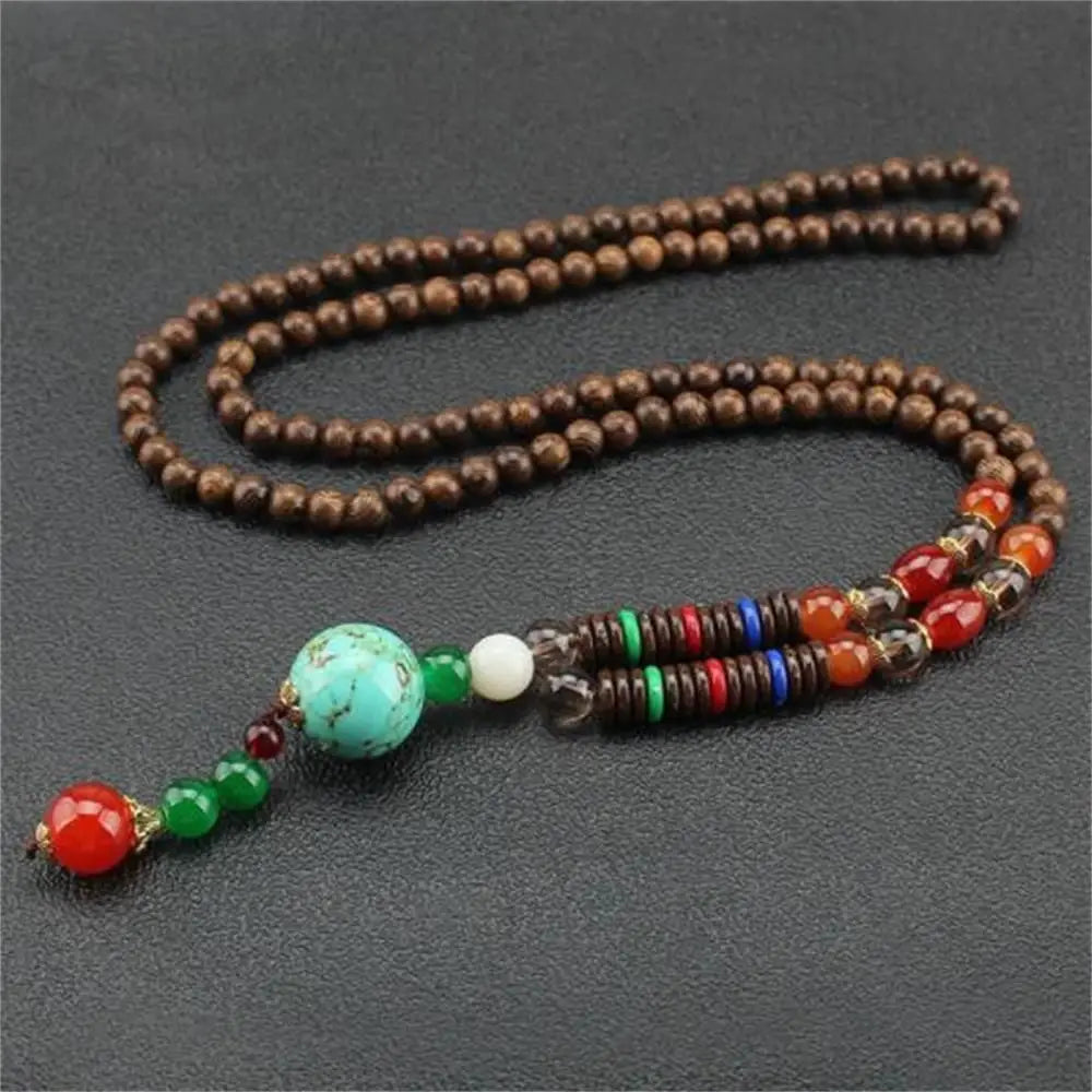 Boho Handmade Nepal Buddhist Mala Wood Bead Long Pendant Necklace – Unisex Ethnic Jewelry