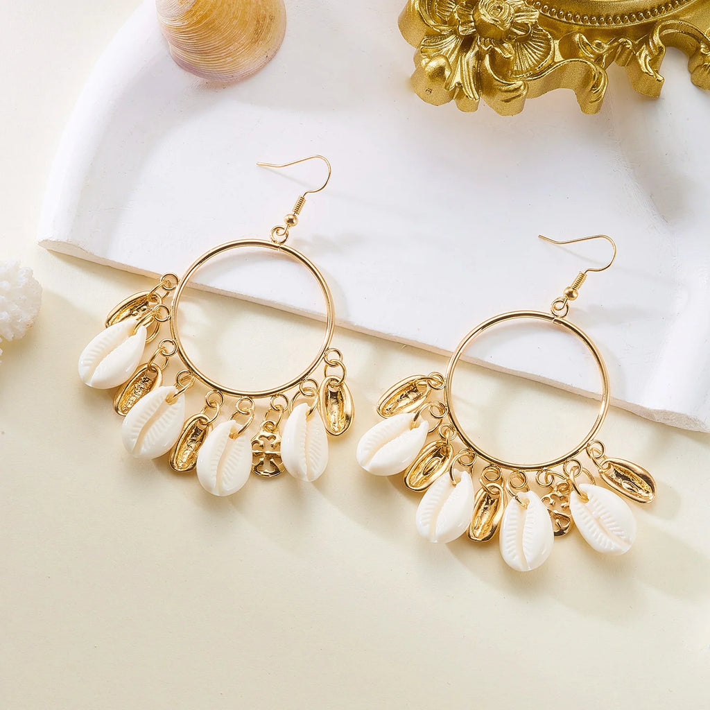 Boho Festival Statement Chandelier Earrings – Shell Tassel Dangle Drop Earrings