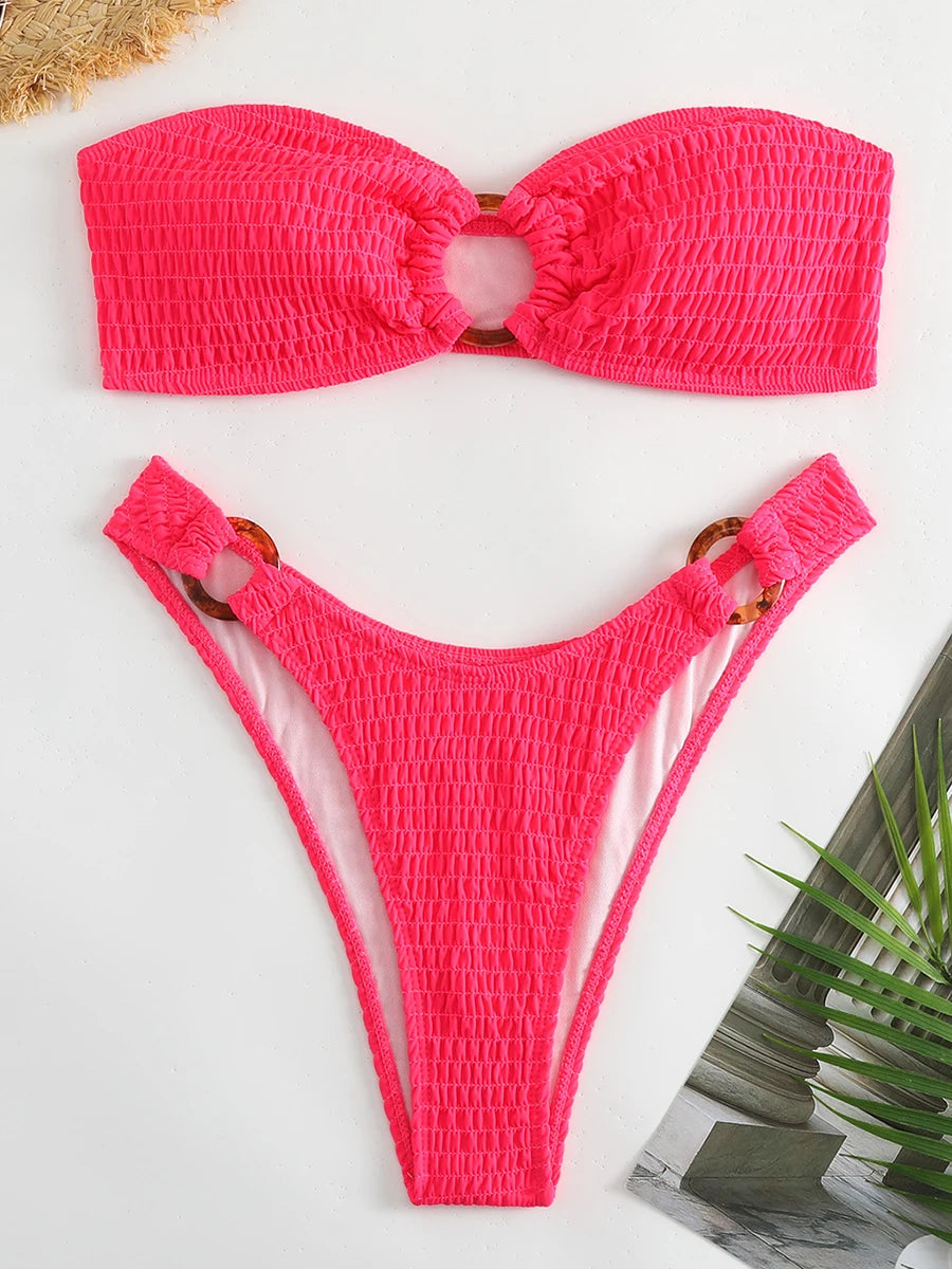 Ring Link Bandeau Bikini 2026 Women Brazilian Swimwear Female Sexy Swimsuit Solid Beachwear Bathers Bathing Swimming Swim Suit
