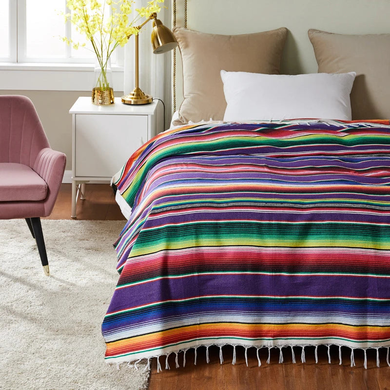 Boho Ethnic Tassel Throw Blanket | Striped Cotton-Blend Beach & Picnic Blanket