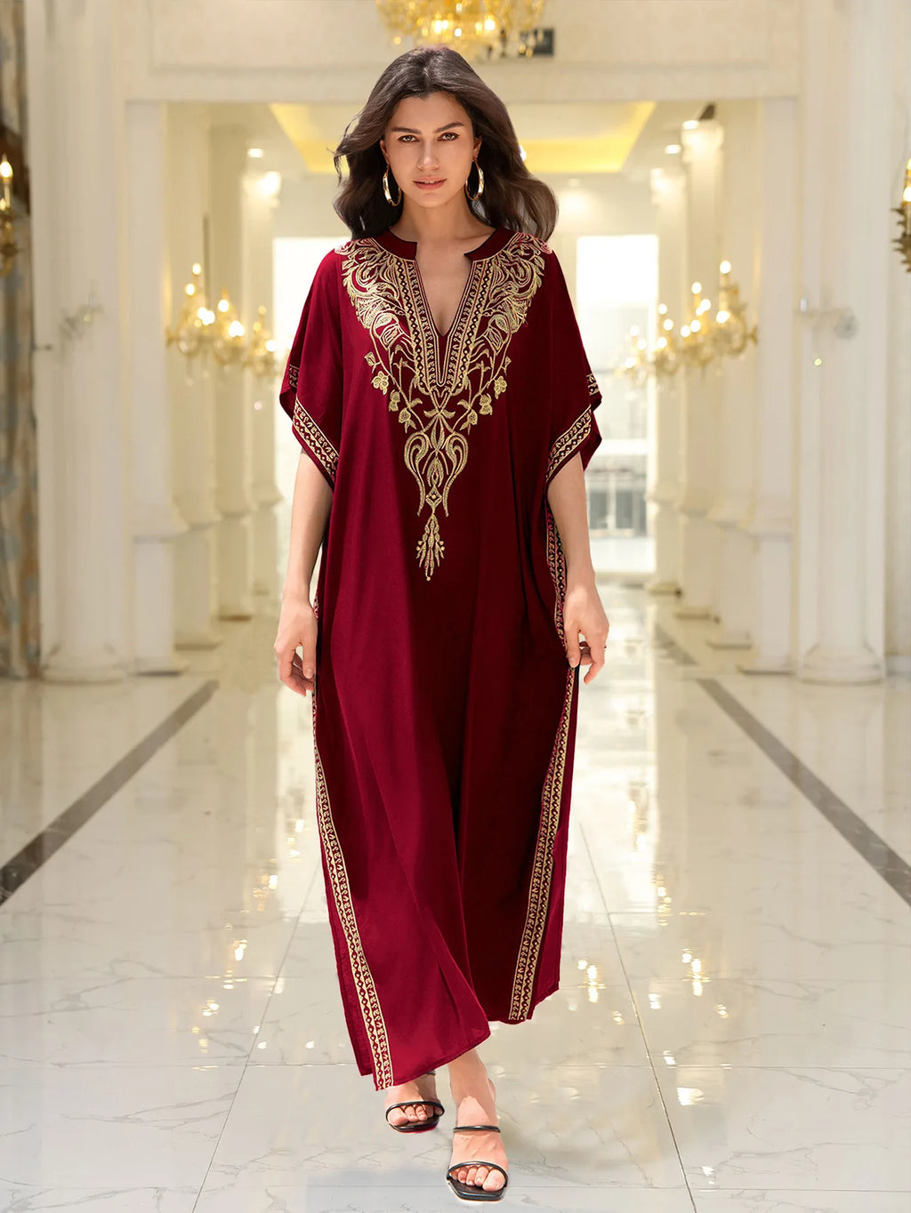 Boho Embroidered Batwing Sleeve Beach Cover-Up Dress – Loose A-Line V-Neck Summer Dress